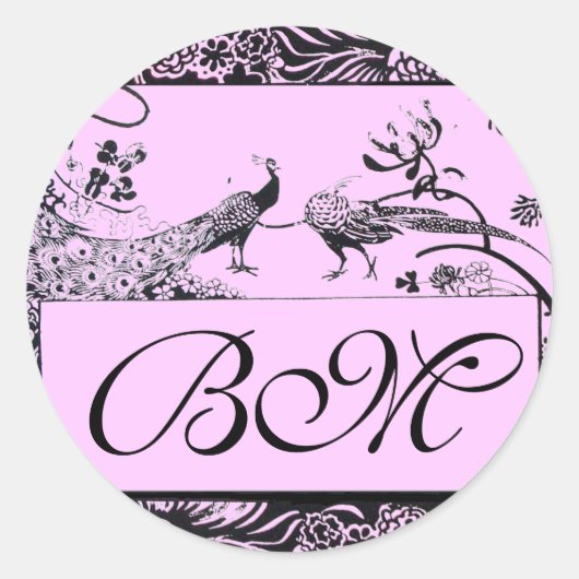 BROEDING TORTELDUIFJES MONOGRAM, zwart-wit roze Ronde Sticker (Voorkant)