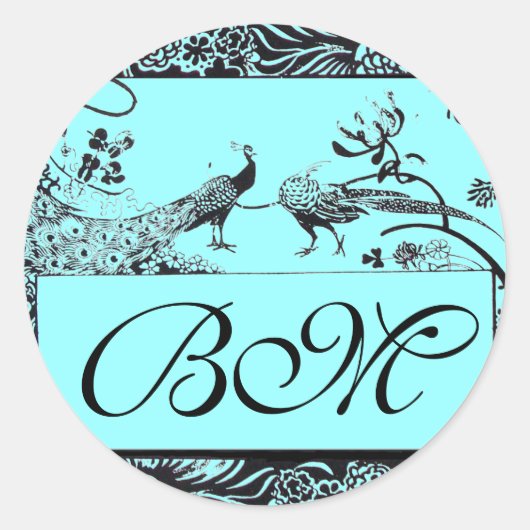 BROEDINGSMONOGRAM, zwart-wit blauw Ronde Sticker (Voorkant)
