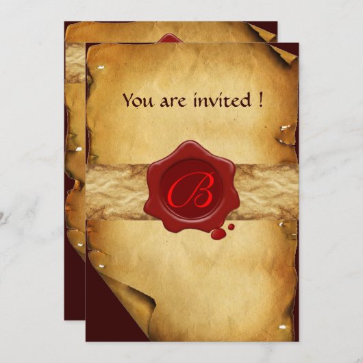 BROEIEND PARCHMENT, ROOD WAX SEAL MONOGRAM KAART (Voorkant / Achterkant)