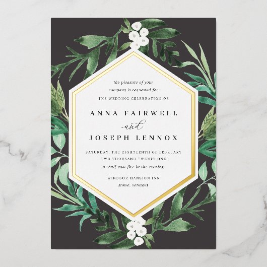BroeikasLijst | Waterverf Botanische bruiloft Folie Uitnodiging (Voorkant)