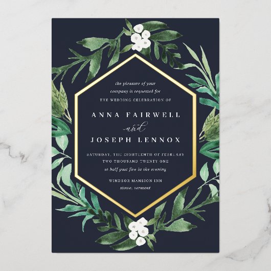 BroeikasLijst | Waterverf Botanische bruiloft Folie Uitnodiging (Voorkant)