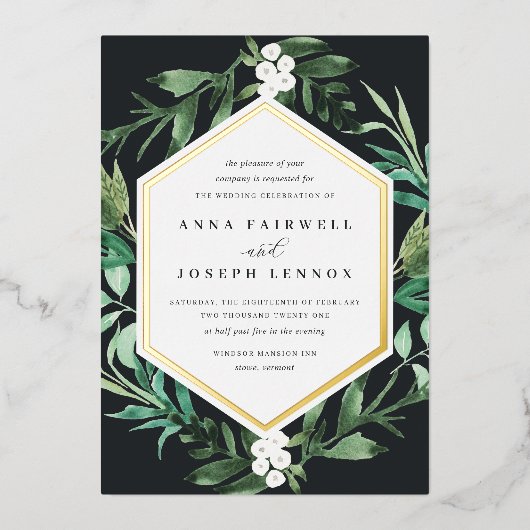 BroeikasLijst | Waterverf Botanische bruiloft Folie Uitnodiging (Voorkant)