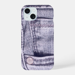 Broekzak van blauwe jeans, stof, naden, knoop iPhone 15 case