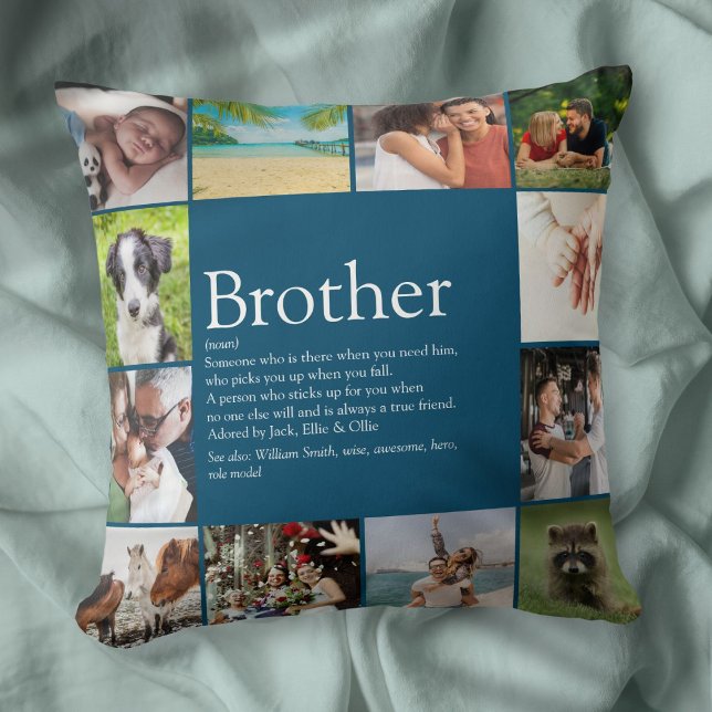 Broer Definitie 12 Foto Collage Modern Plezier Kussen (Brother Definition 12 Photo Collage Modern Fun Throw Pillow)