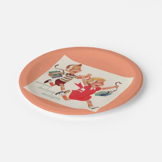 broer en zus op weg naar school papieren bordje (Gekanteld)