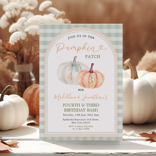 Broer en zus Pumpkin Patch Gingham Verjaardag Kaart