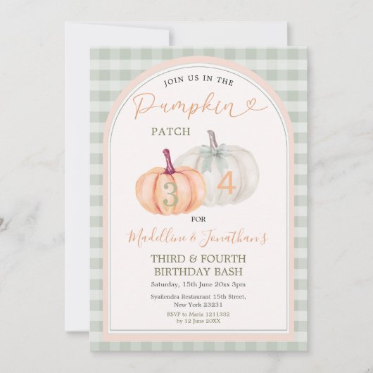 Broer en zus Pumpkin Patch Gingham Verjaardag Kaart (Voorkant)