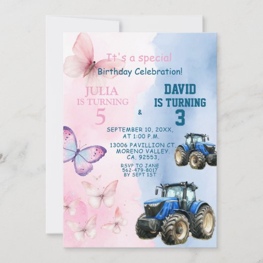 Broer en zus vlinder en tractor gezamenlijke verja kaart (Voorkant)