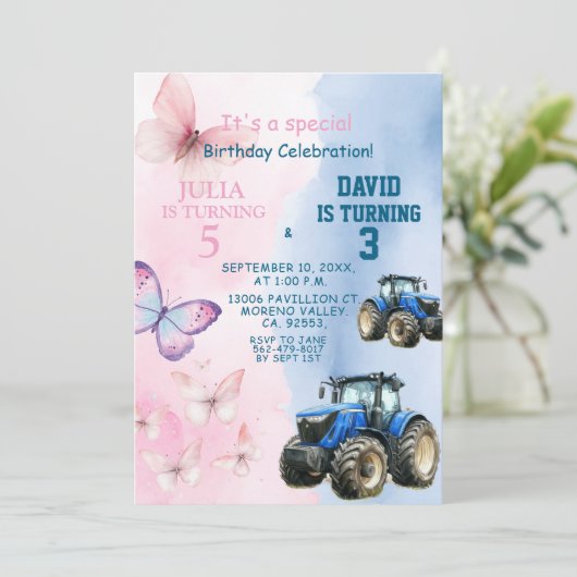 Broer en zus vlinder en tractor gezamenlijke verja kaart (Staand voorkant)