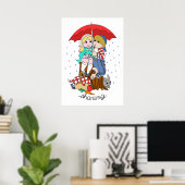Broer en zuster Sharing Umbrella in Regen Poster (Thuiskantoor)