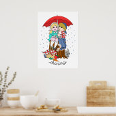 Broer en zuster Sharing Umbrella in Regen Poster (Keuken)