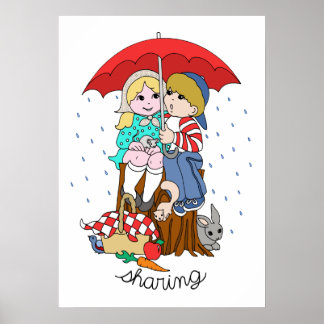 Broer en zuster Sharing Umbrella in Regen Poster