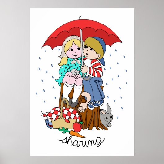 Broer en zuster Sharing Umbrella in Regen Poster (Voorkant)