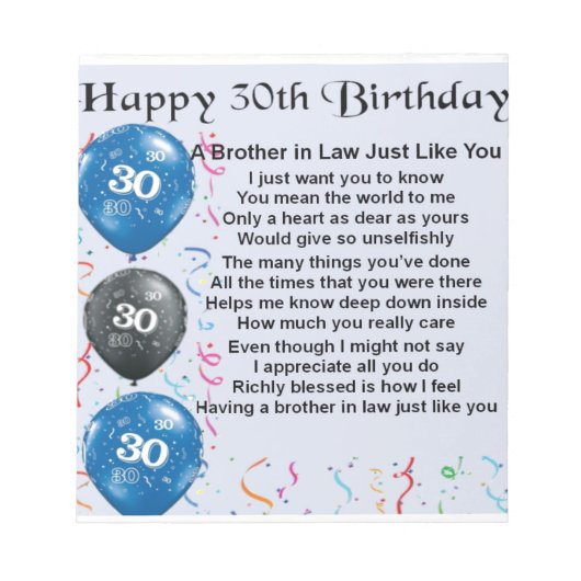 Broer in Law Poem 30th Birthday Notitieblok (Voorkant)