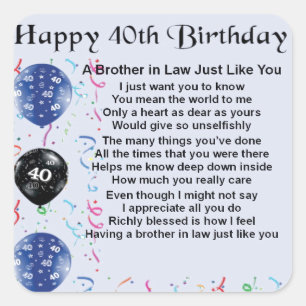 Broer in Law Poem 40th Birthday Vierkante Sticker