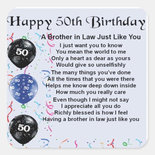 Broer in Law Poem 50th Birthday Vierkante Sticker (Voorkant)