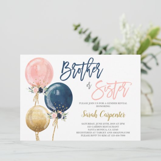 Broer of zus Geslacht Onthulling uitnodiging (Staand voorkant)