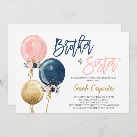 Broer of zus Geslacht Onthulling uitnodiging (Voorkant / Achterkant)