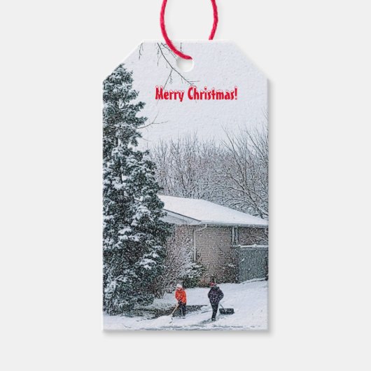 Broers die Labels met sneeuwcadeaus tonen Cadeaulabel (Voorkant)