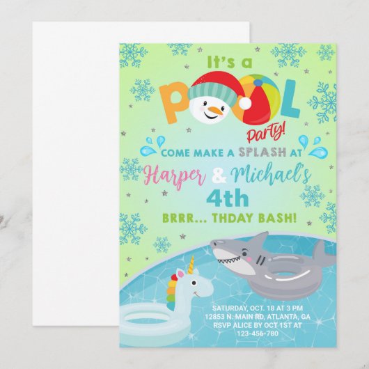 Broers en zussen indoor winter zwembad party verja kaart (Voorkant / Achterkant)