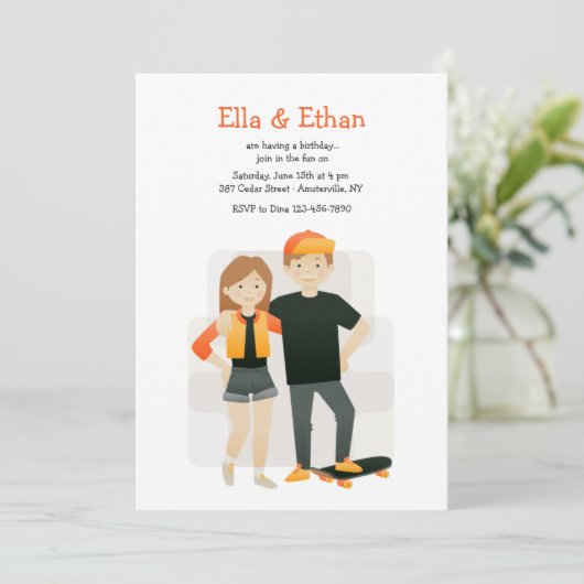 Broers en zussen verjaardagsfeestje uitnodigingen (Staand voorkant)