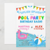 Broers en zussen zwembadfeestje verjaardagsuitnodi kaart (Voorkant / Achterkant)