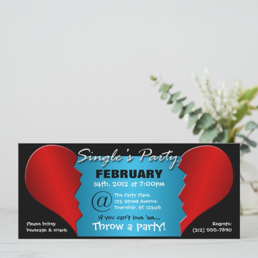 Broken Heart Single-partij - 9,25 x 4-inch uitnodi Kaart (Staand voorkant)