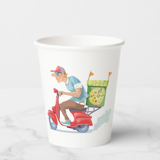 Bromfiets Pizza Levering Papieren Bekers (Voorkant)