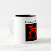 Brompton kleuren met rode Logo Tweekleurige Koffiemok (Voorkant links)