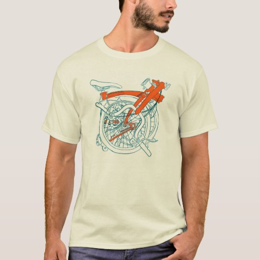 Brompton T-shirt met fiets, blauw en oranje. (Voorkant)