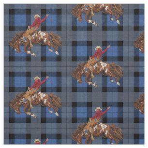 Bronco Busting Rodeo Cowboy op Blue Plaid Stof
