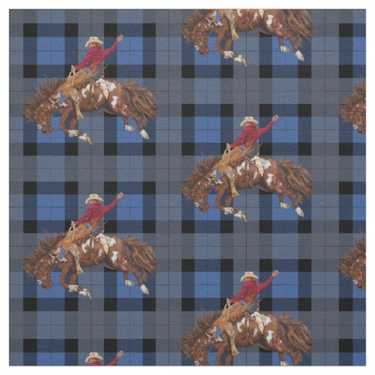 Bronco Busting Rodeo Cowboy op Blue Plaid Stof (Swatch)
