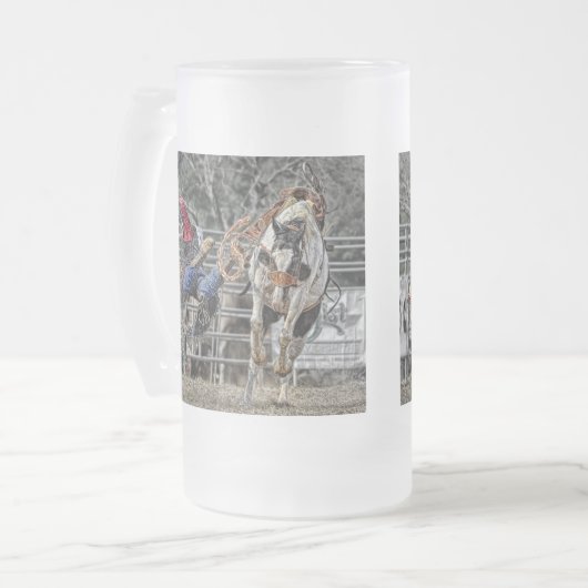 Bronco Rider Frosted Stein Matglas Bierpul (Voorkant links)