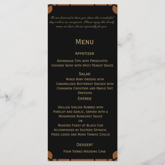 Brons Art Deco Peacock en Bloemen Bruiloft Menu (Voorkant)