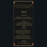 Brons Art Deco Peacock en Bloemen Bruiloft Menu<br><div class="desc">Dit mooie en elegante ontwerp, genaamd Bronze Art Deco Peacock and Floral Wedding, heeft een zwarte achtergrond. Er is een art deco stijl lijst met florale accenten aan de linkerkant, allemaal in brons. Peking van achter de bloemen is een gestileerde pauw met zijn prachtige staartveren - wederom in brons tegen...</div>