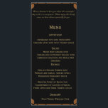 Brons Art Deco Peacock en Bloemen Bruiloft Menu<br><div class="desc">Dit mooie en elegante ontwerp, genaamd Bronze Art Deco Peacock and Floral Wedding, heeft een zwarte achtergrond. Er is een art deco stijl lijst met florale accenten aan de linkerkant, allemaal in brons. Peking van achter de bloemen is een gestileerde pauw met zijn prachtige staartveren - wederom in brons tegen...</div>