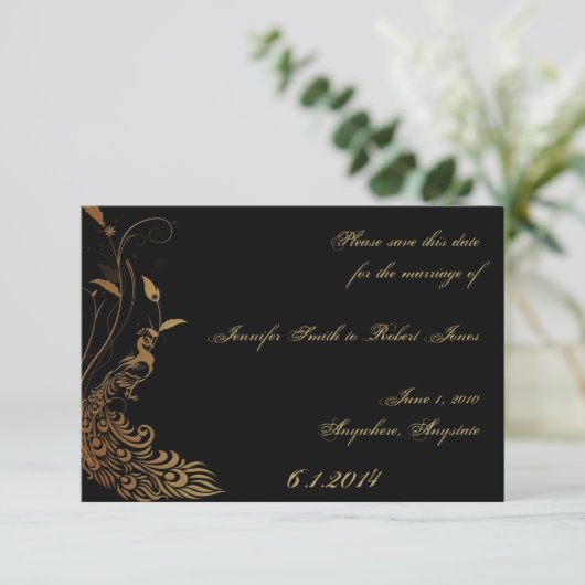 Brons Art Deco Peacock en Bloemen Save the Date (Staand voorkant)