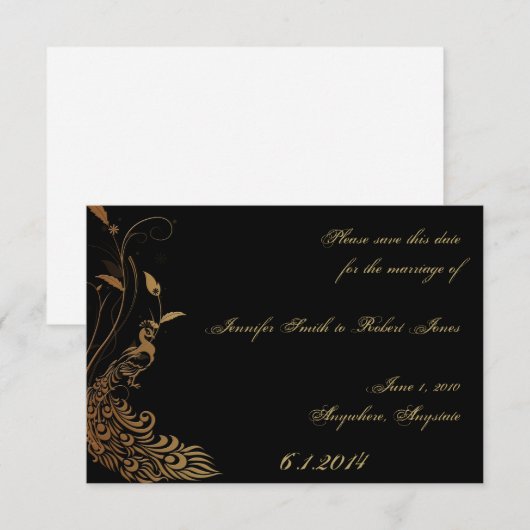 Brons Art Deco Peacock en Bloemen Save the Date (Voorkant / Achterkant)