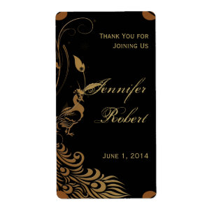 Brons Art Deco Peacock en Floral Wine Label