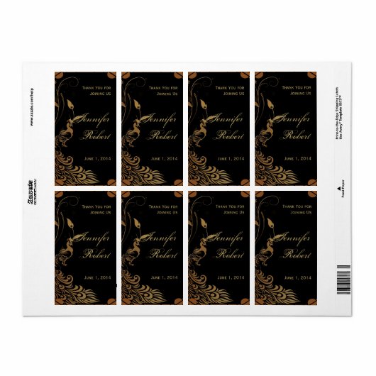 Brons Art Deco Peacock en Floral Wine Label (Full Sheet)