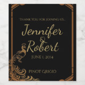 Brons Art Deco Peacock en Floral Wine Label Wijn Etiket (Enkel label)