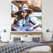 Brons beeld van een zwarte vrouw met een pet in st canvas afdruk (Insitu (Slaapkamer))