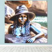 Brons beeld van een zwarte vrouw met een pet in st canvas afdruk (Insitu (Houten vloer))