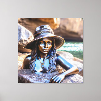Brons beeld van een zwarte vrouw met een pet in st canvas afdruk
