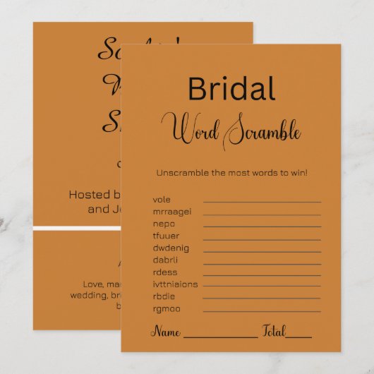Brons Bruids Woord Scramble Game Kaart (Voorkant / Achterkant)