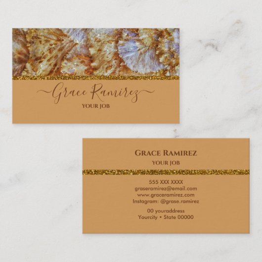 brons | Faux Gold Glitter Marble Agate Monogram Visitekaartje (Voorkant / Achterkant)