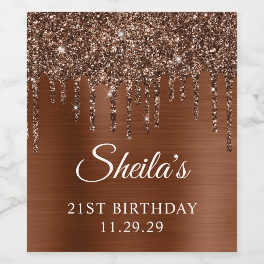 Brons Glitter Drips Glam 21st Verjaardag Wijn Etiket (Enkel label)