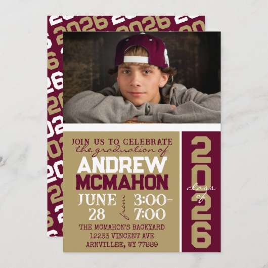 Brons Gold & Bourgondië Afstuderen Fotouitnodiging Kaart (Voorkant / Achterkant)