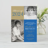 Brons Gold & Royal Blue 2 Foto Afstuderen Kaart (Staand voorkant)