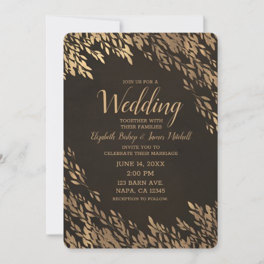 Brons Goud Bladeren Bruin Chique Rustieke Bruiloft Kaart (Voorkant)